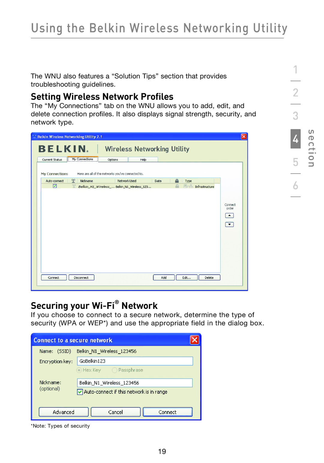 Belkin F5D8013EA user manual Setting Wireless Network Profiles, Securing your Wi-FiNetwork 