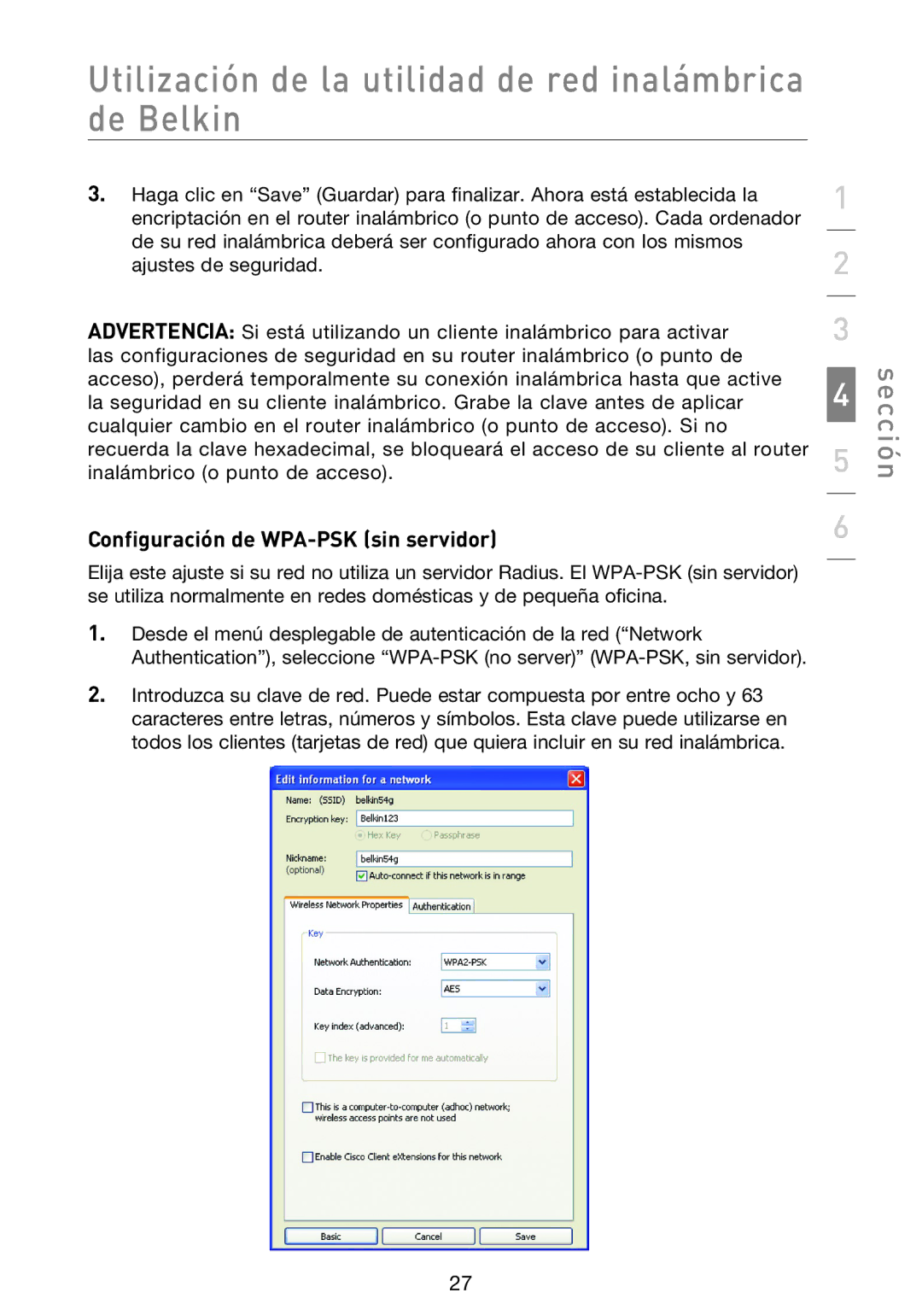 Belkin F5D8013EA user manual Configuración de WPA-PSK sin servidor 