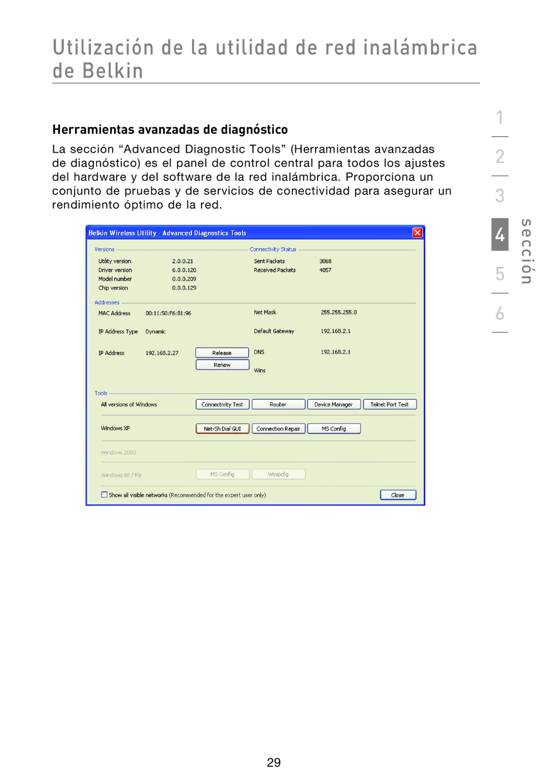 Belkin F5D8013EA user manual Herramientas avanzadas de diagnóstico 