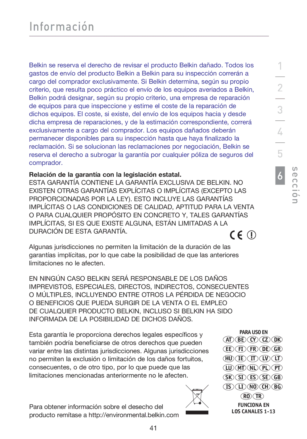 Belkin F5D8013EA user manual Relación de la garantía con la legislación estatal 