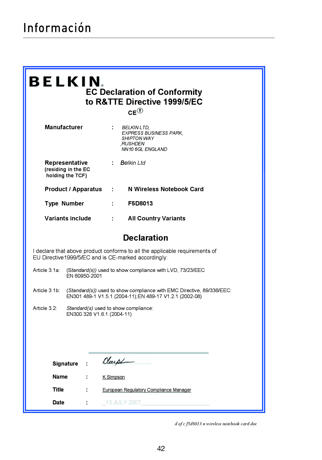 Belkin F5D8013EA user manual Información 