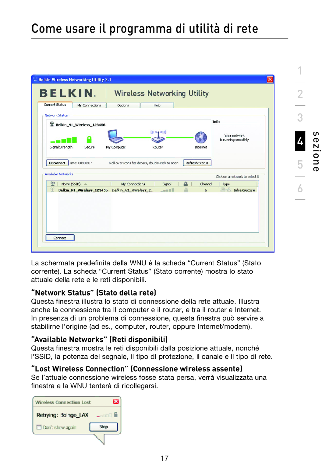 Belkin F5D8013EA user manual Network Status Stato della rete, Available Networks Reti disponibili 