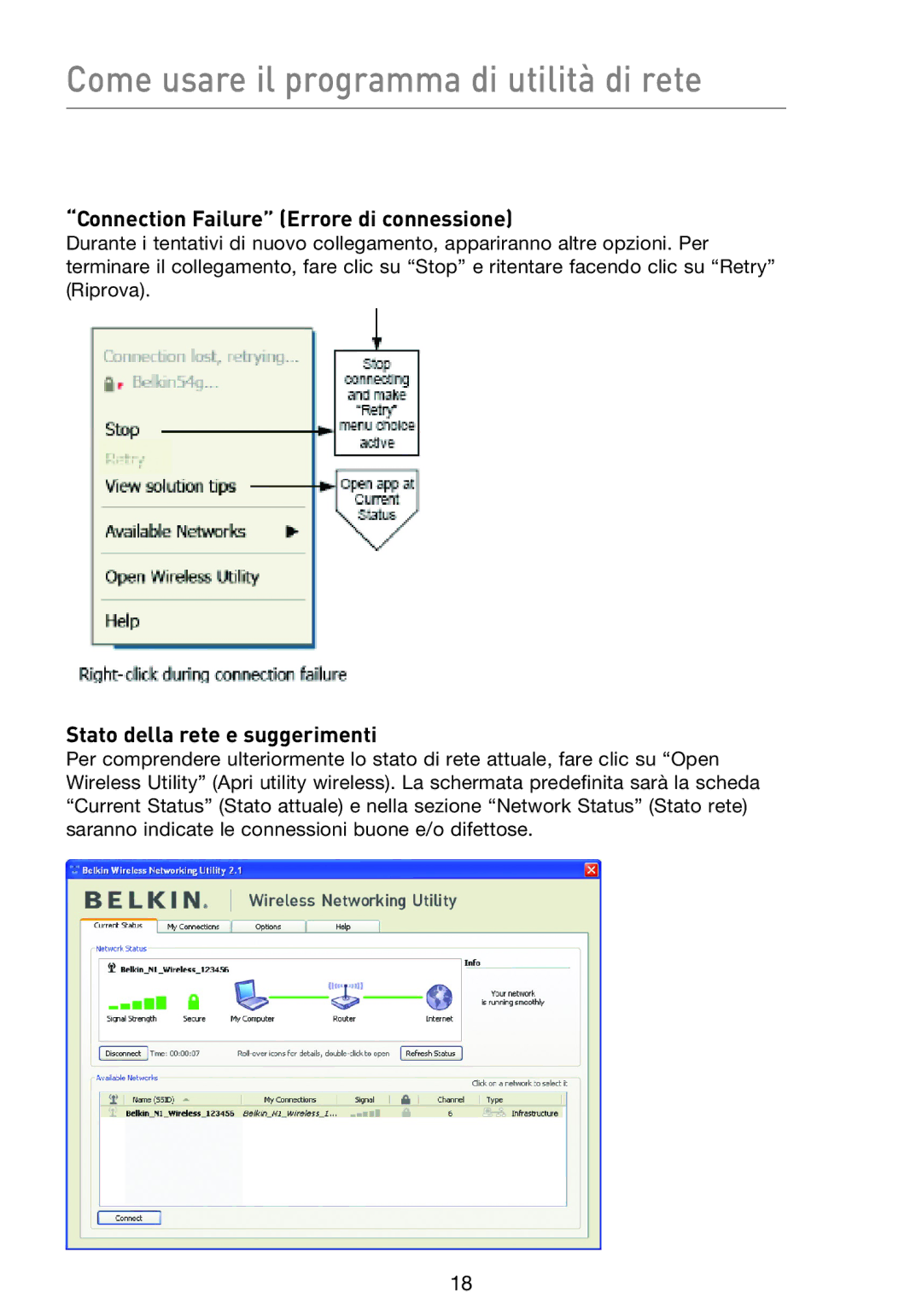 Belkin F5D8013EA user manual Come usare il programma di utilità di rete, Connection Failure Errore di connessione 