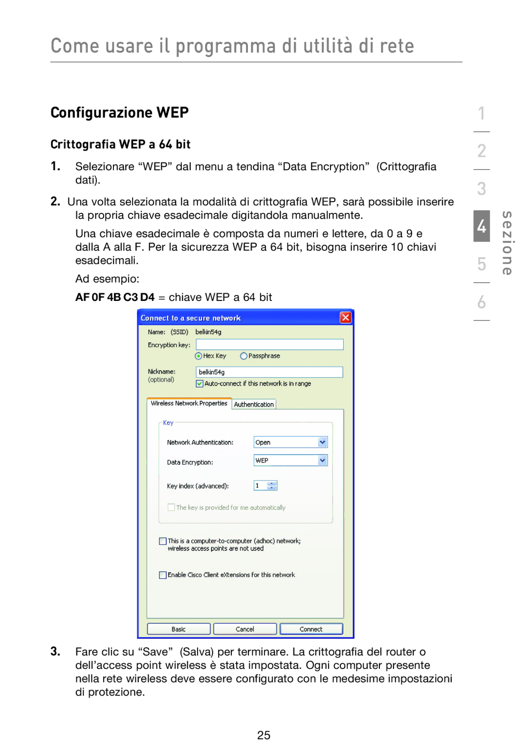 Belkin F5D8013EA user manual Configurazione WEP, Crittografia WEP a 64 bit 
