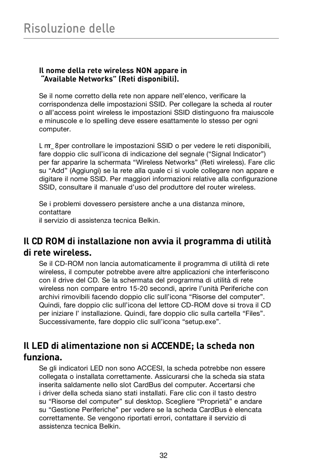 Belkin F5D8013EA user manual Risoluzione delle 