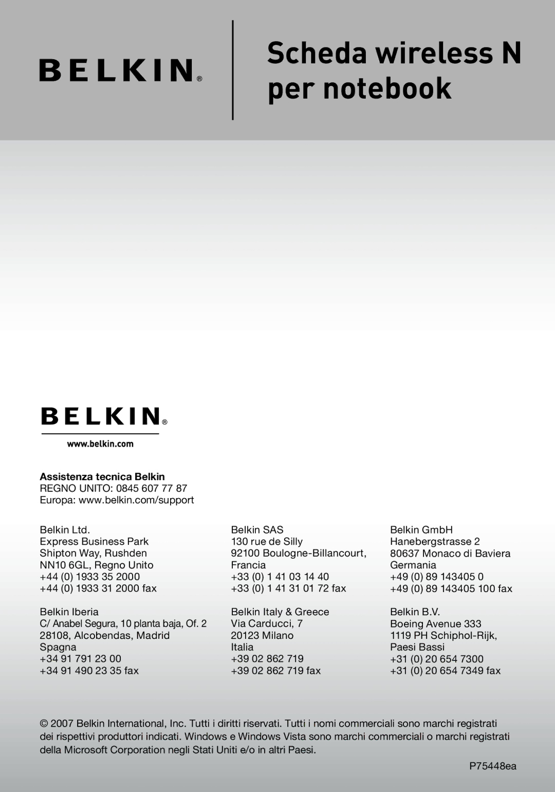 Belkin F5D8013EA user manual Assistenza tecnica Belkin 