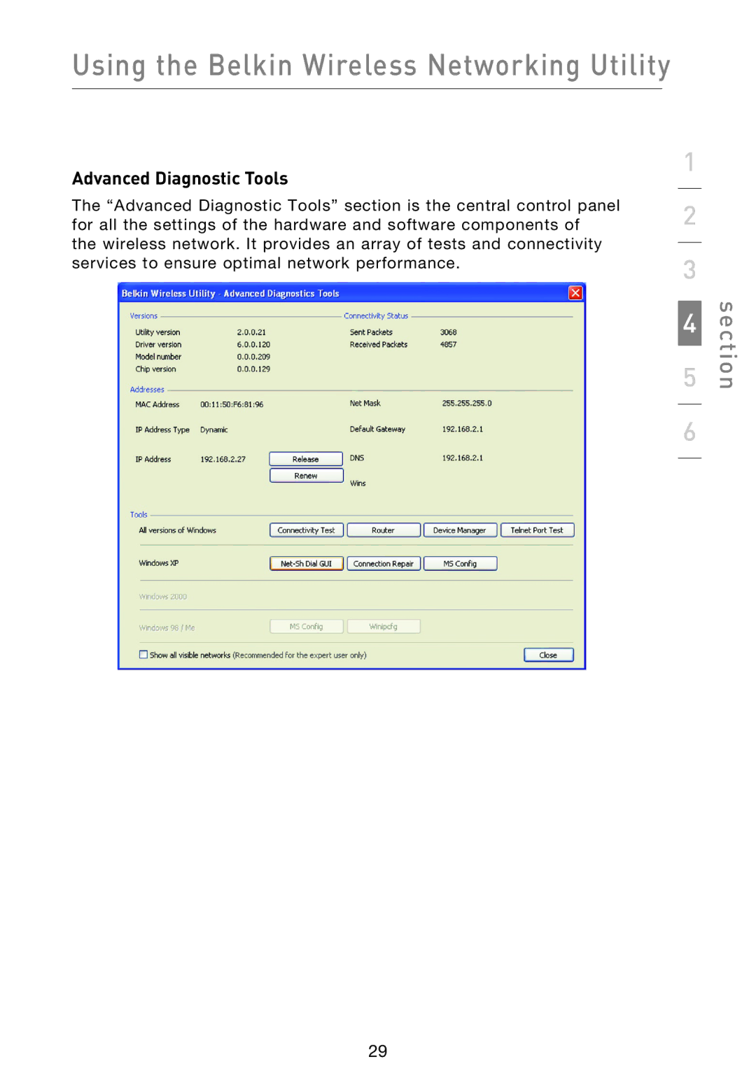 Belkin F5D8013EA user manual Advanced Diagnostic Tools 