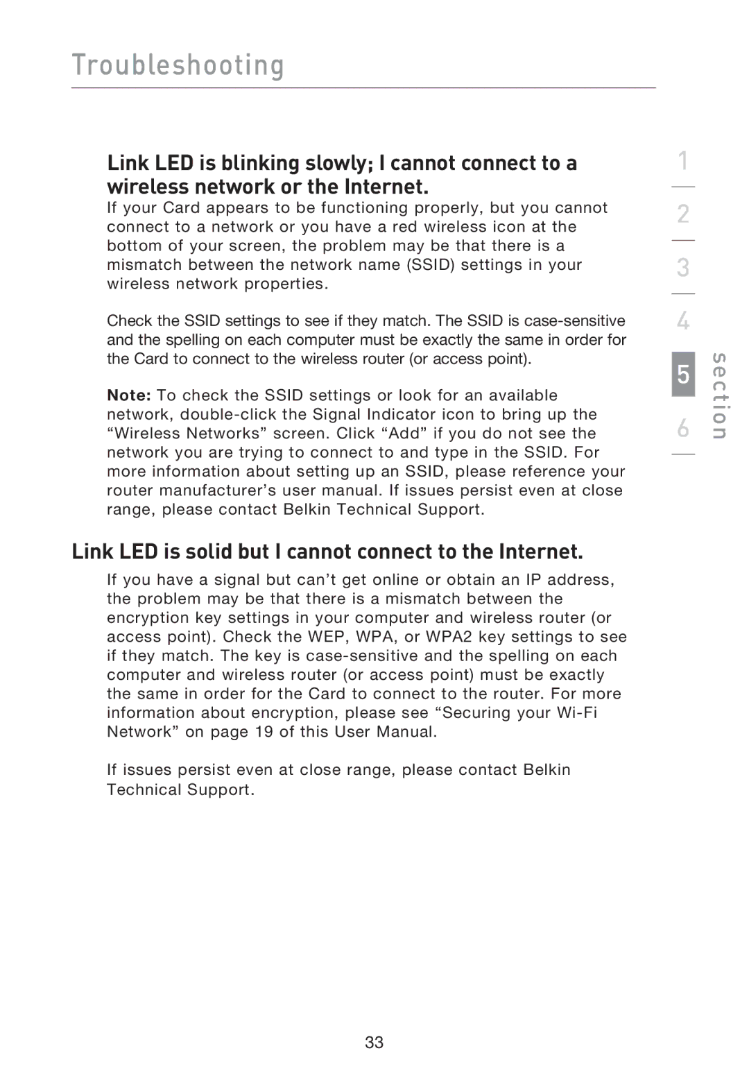 Belkin F5D8013EA user manual Link LED is solid but I cannot connect to the Internet 