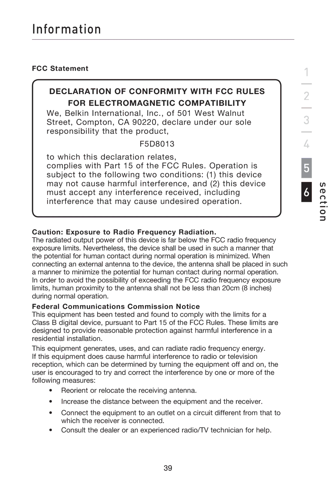 Belkin F5D8013EA user manual Information, FCC Statement, Federal Communications Commission Notice 