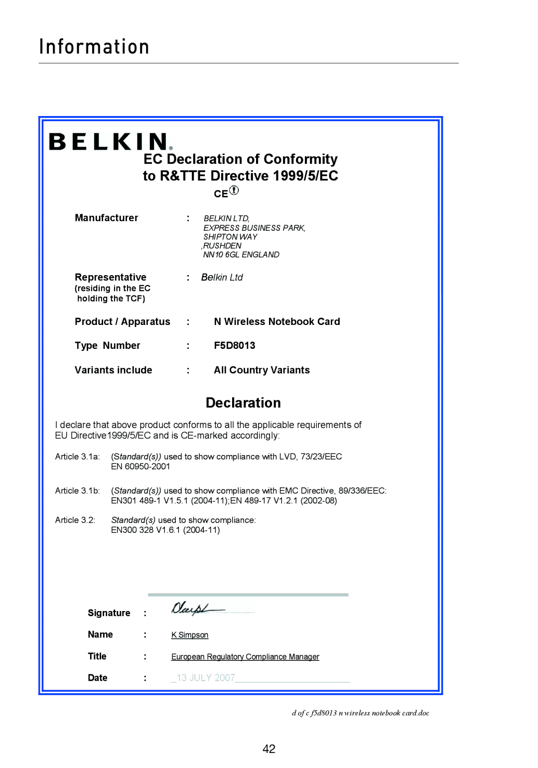 Belkin F5D8013EA user manual EC Declaration of Conformity to R&TTE Directive 1999/5/EC 