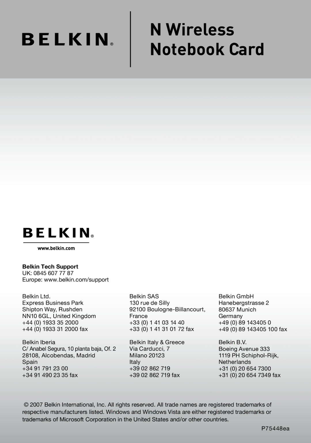 Belkin F5D8013EA user manual Belkin Tech Support 