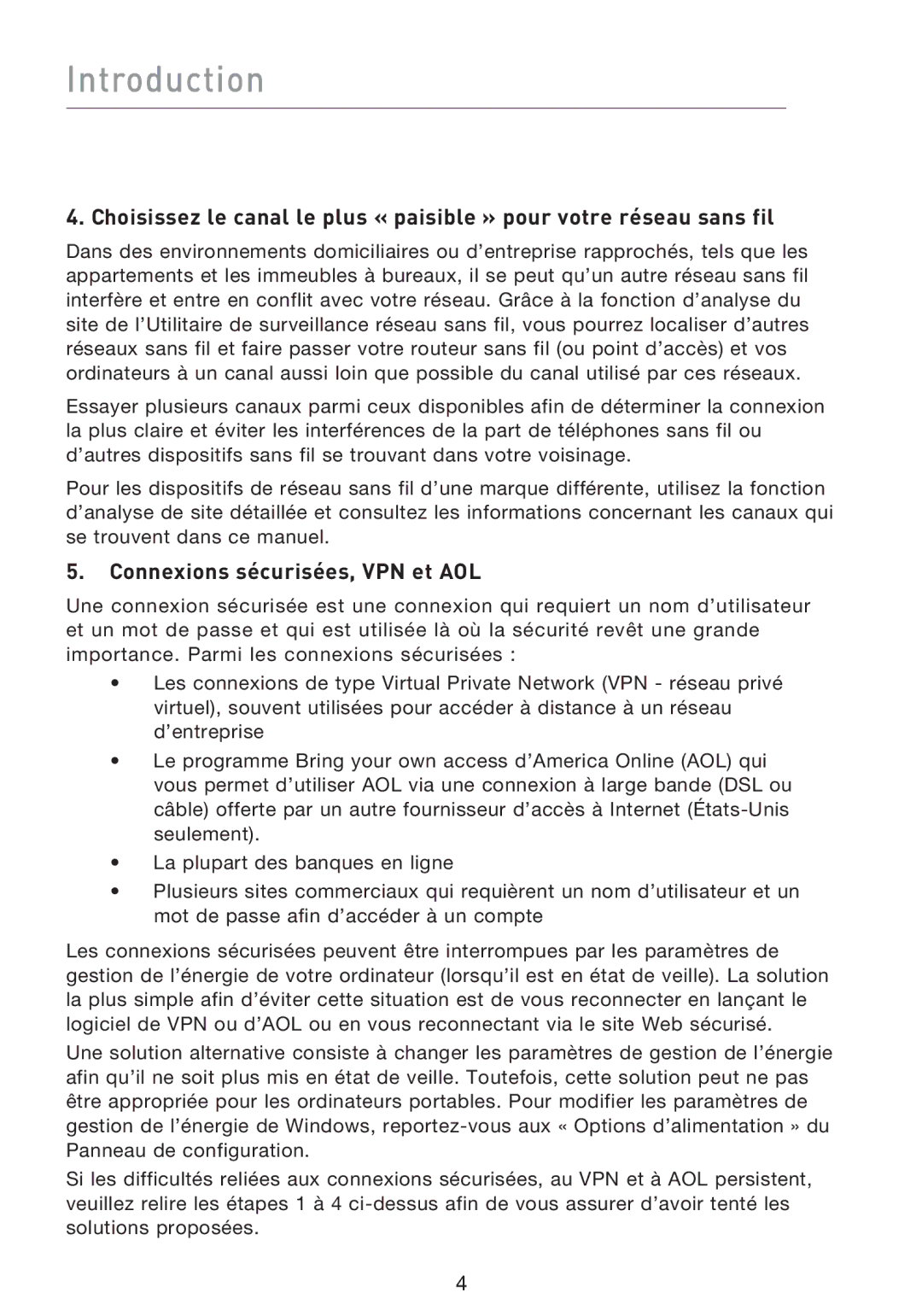 Belkin F5D8013EA user manual Connexions sécurisées, VPN et AOL 