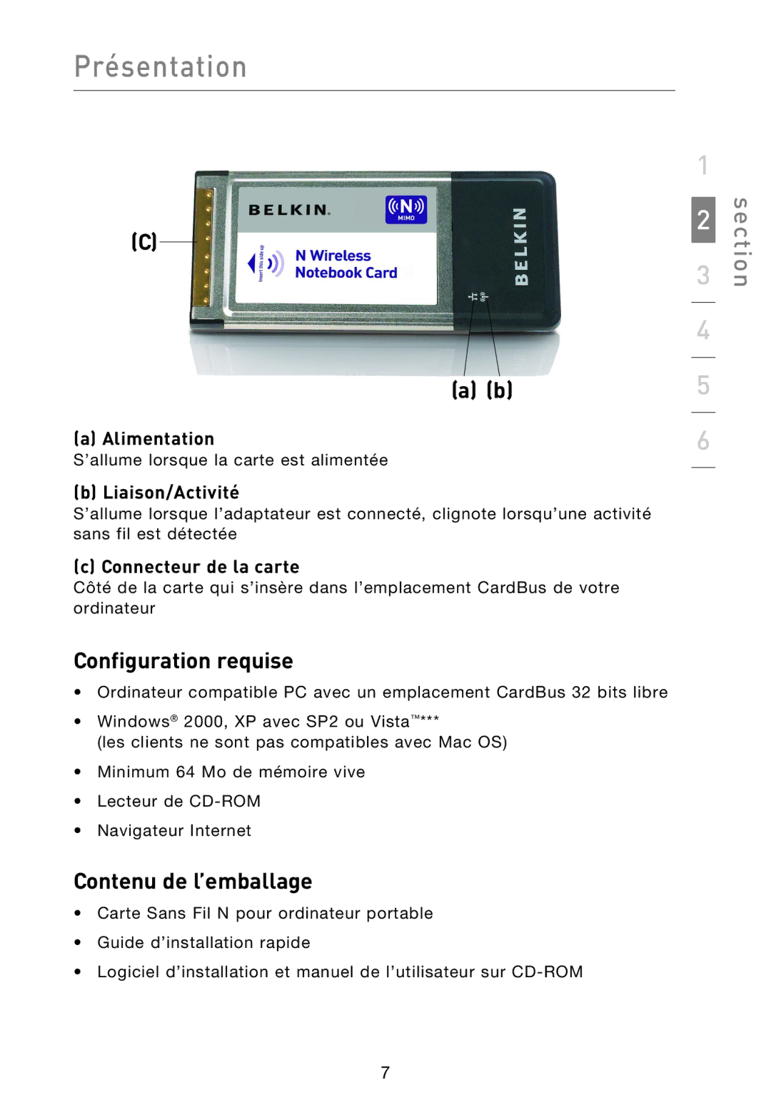 Belkin F5D8013EA Configuration requise, Contenu de l’emballage, Alimentation, Liaison/Activité, Connecteur de la carte 