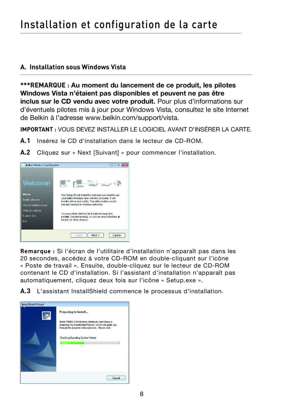 Belkin F5D8013EA user manual Installation et configuration de la carte, Installation sous Windows Vista 