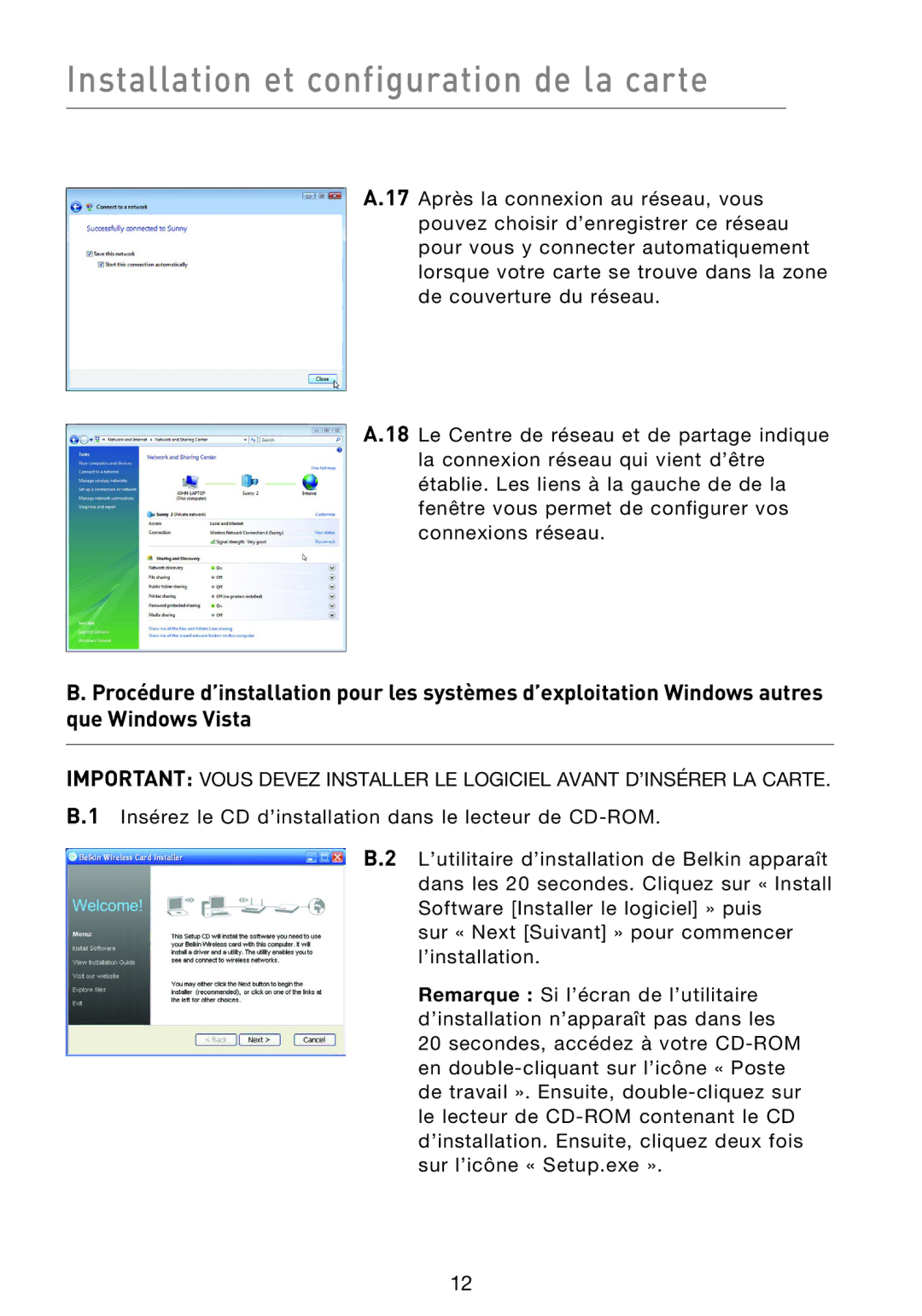 Belkin F5D8013EA user manual Installation et configuration de la carte 