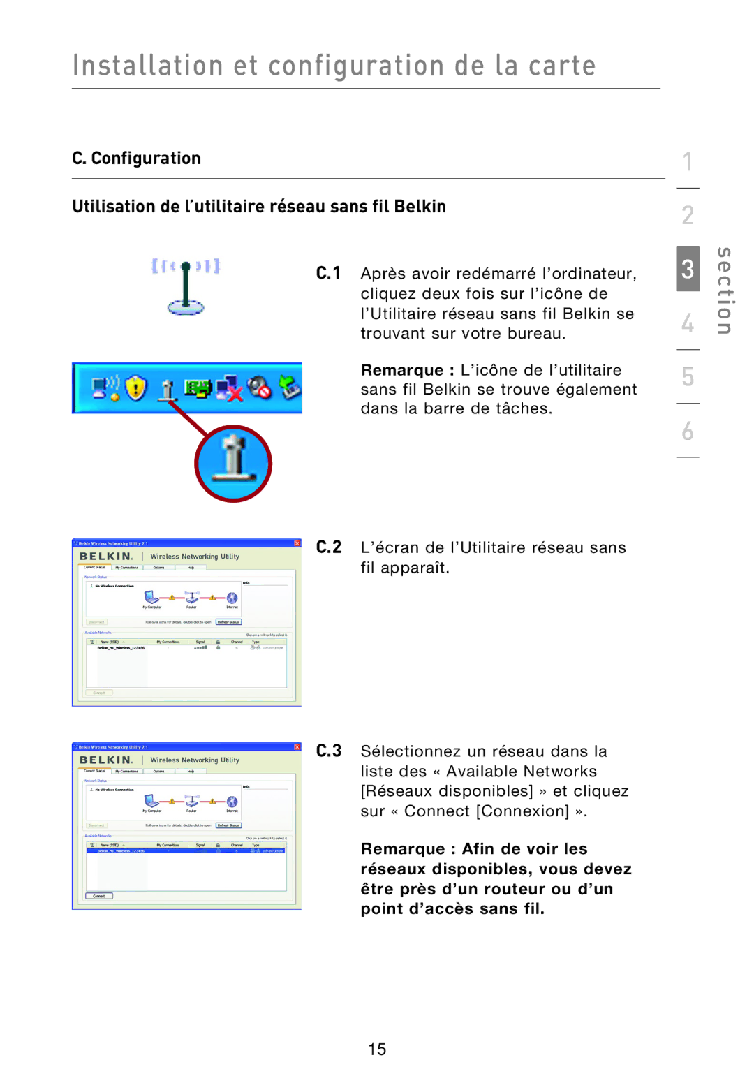 Belkin F5D8013EA user manual Installation et configuration de la carte 