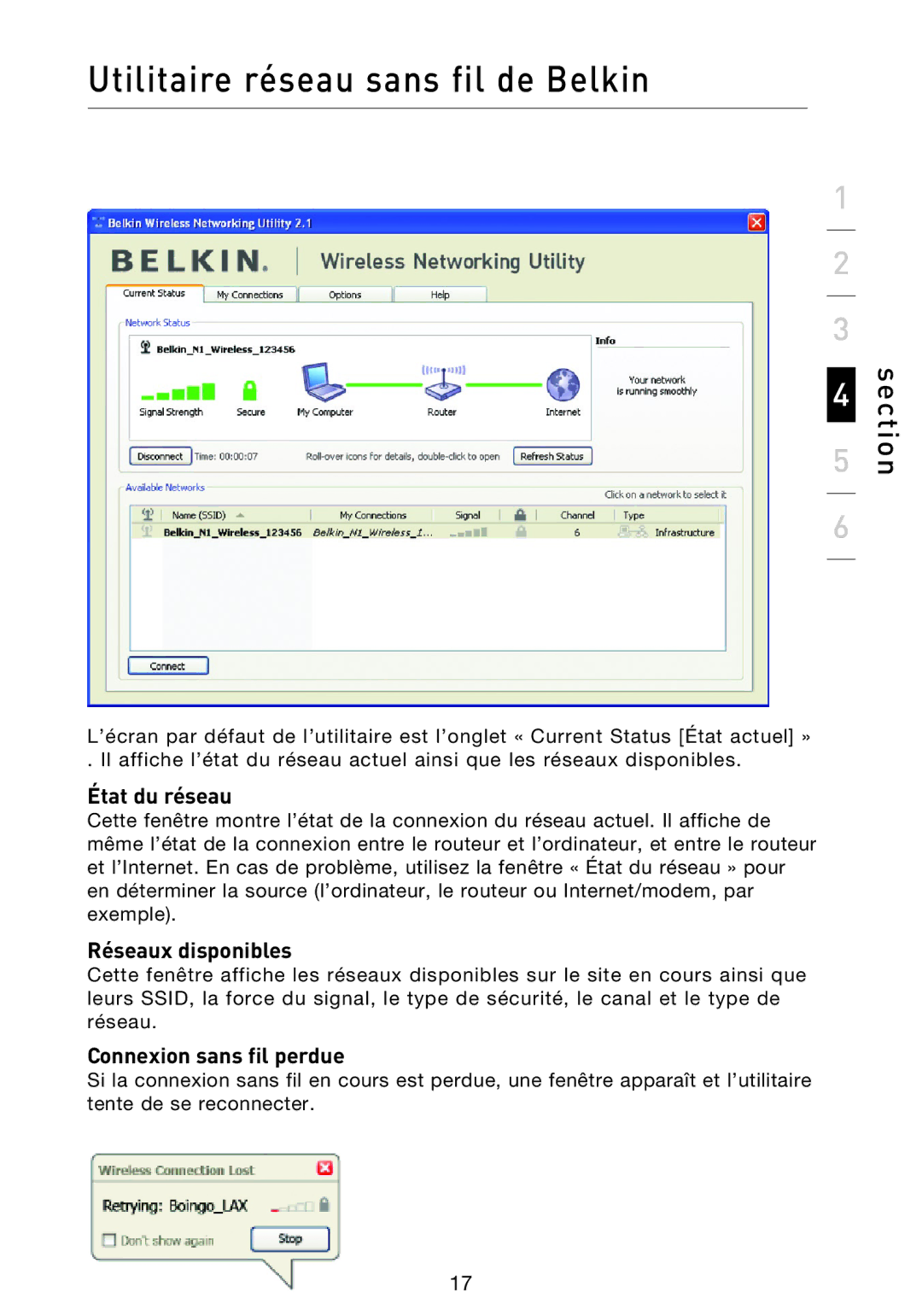 Belkin F5D8013EA user manual État du réseau, Réseaux disponibles, Connexion sans fil perdue 