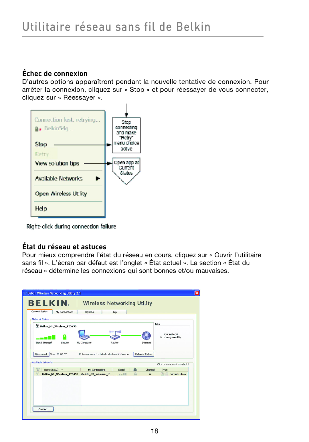 Belkin F5D8013EA user manual Utilitaire réseau sans fil de Belkin, Échec de connexion, État du réseau et astuces 