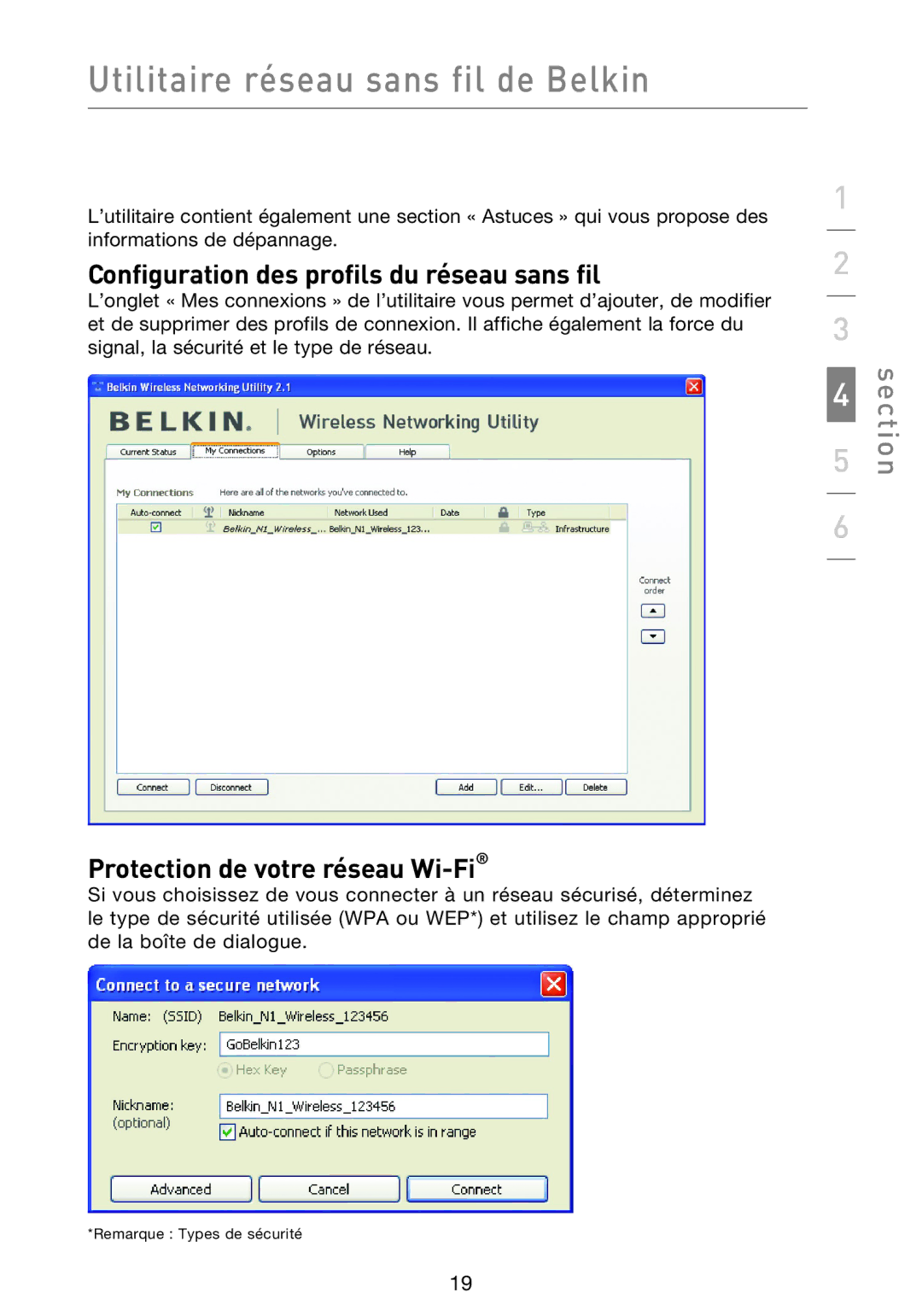 Belkin F5D8013EA user manual Configuration des profils du réseau sans fil, Protection de votre réseau Wi-Fi 