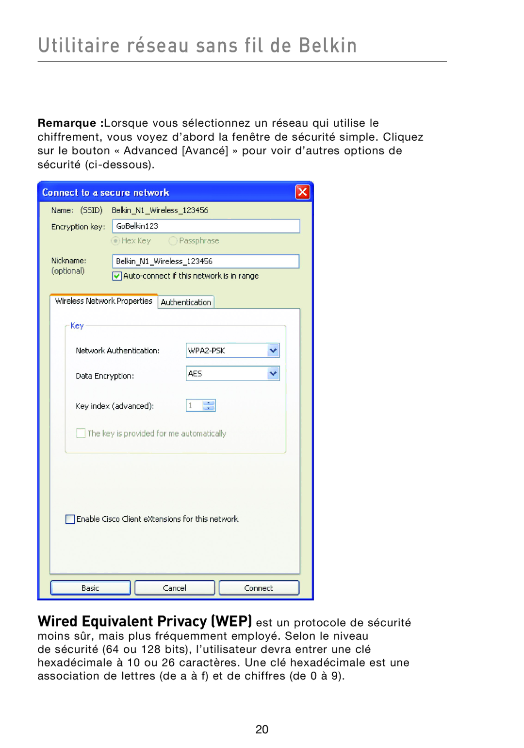 Belkin F5D8013EA user manual Wired Equivalent Privacy WEP est un protocole de sécurité 