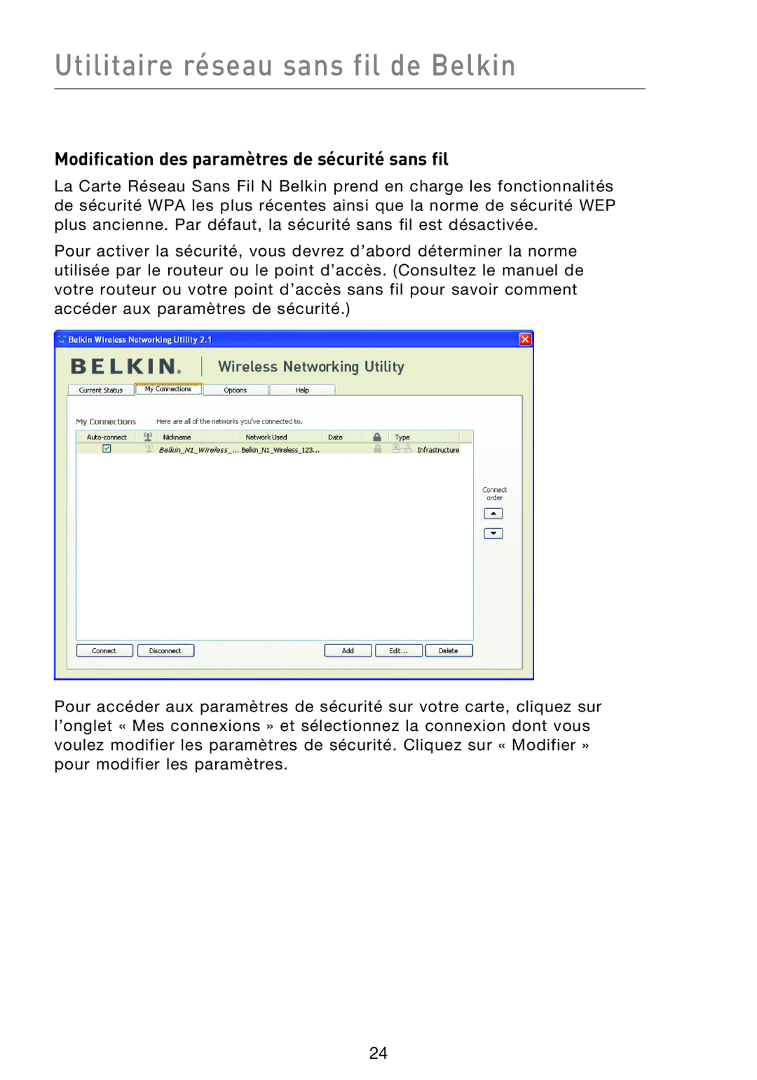 Belkin F5D8013EA user manual Modification des paramètres de sécurité sans fil 