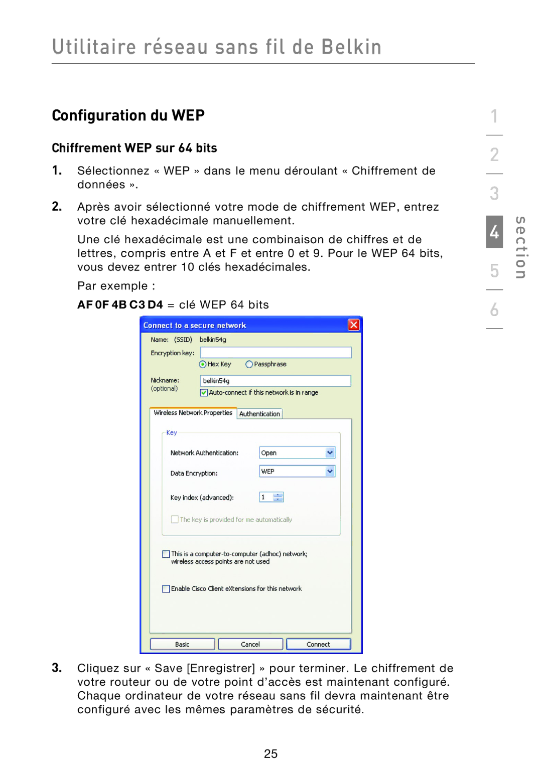 Belkin F5D8013EA user manual Configuration du WEP, Chiffrement WEP sur 64 bits 