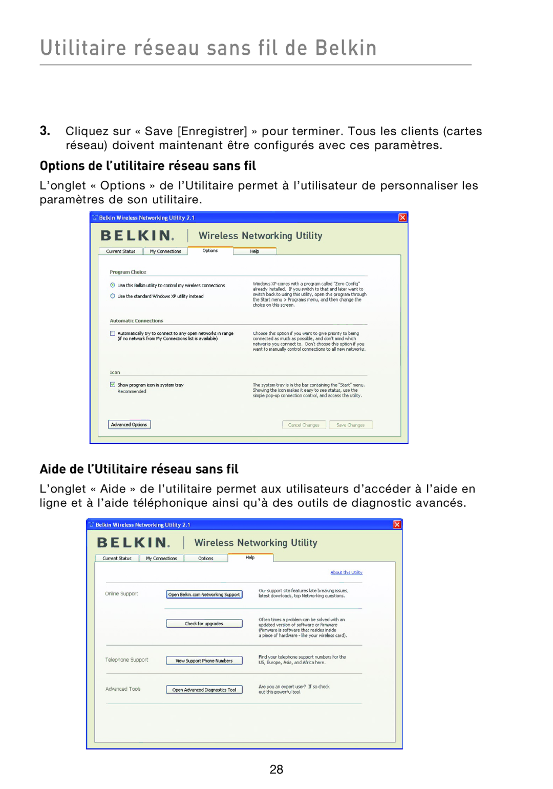 Belkin F5D8013EA user manual Options de l’utilitaire réseau sans fil, Aide de l’Utilitaire réseau sans fil 