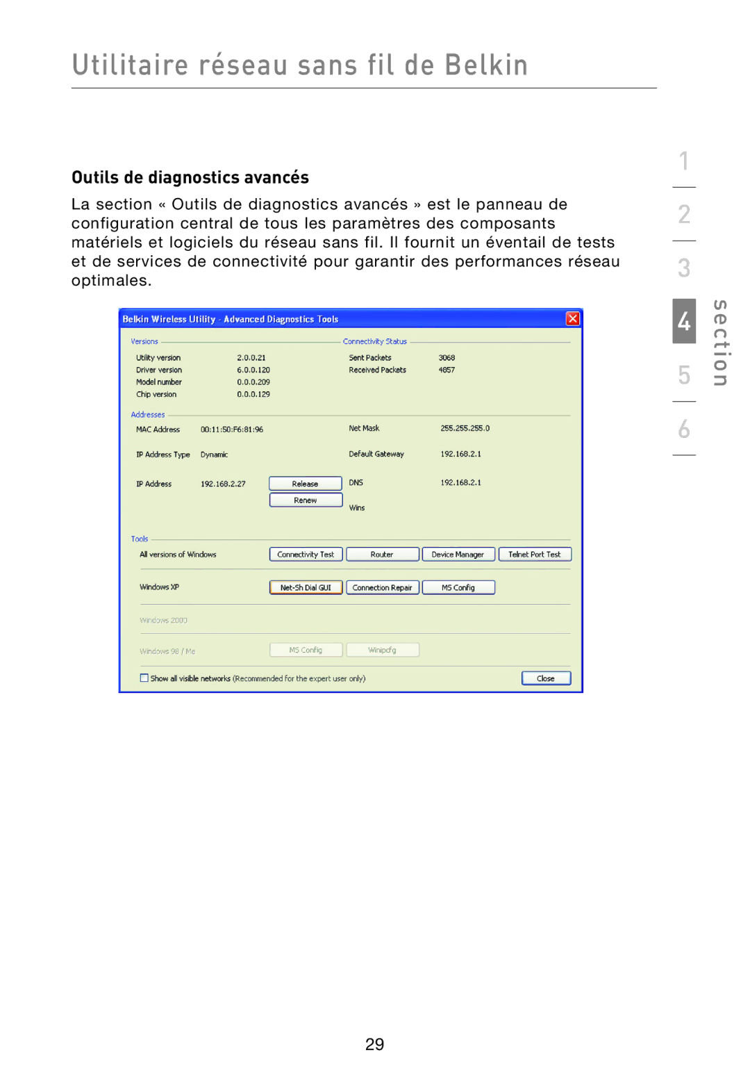 Belkin F5D8013EA user manual Outils de diagnostics avancés 