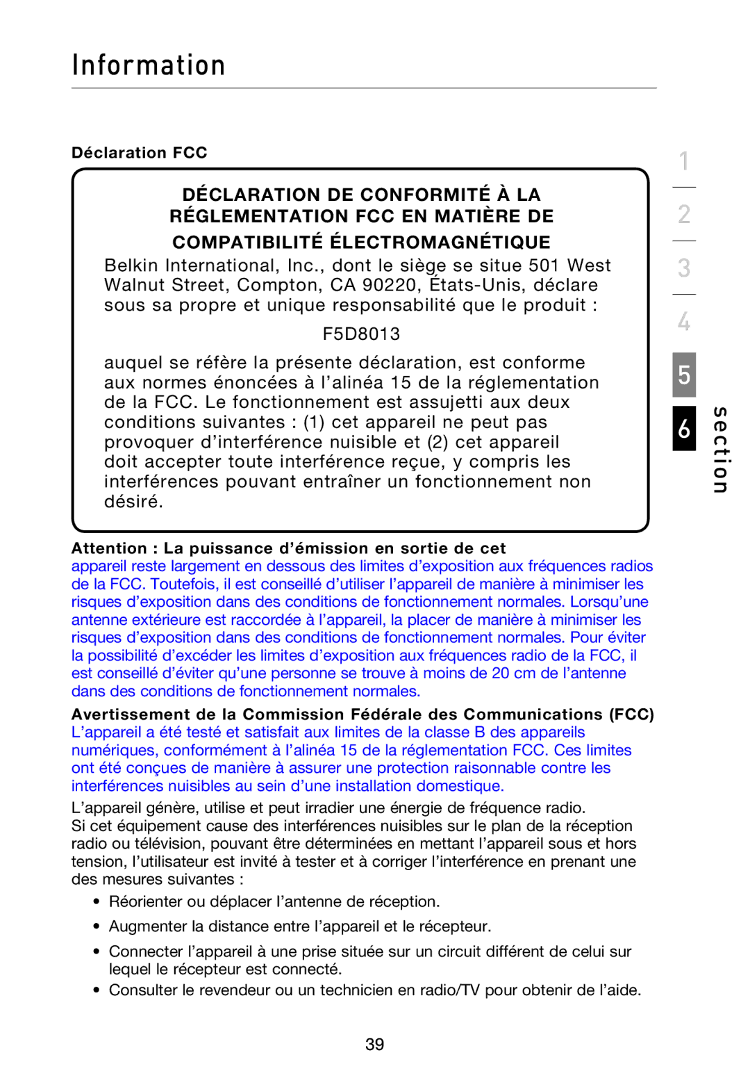 Belkin F5D8013EA user manual Information, Déclaration FCC 