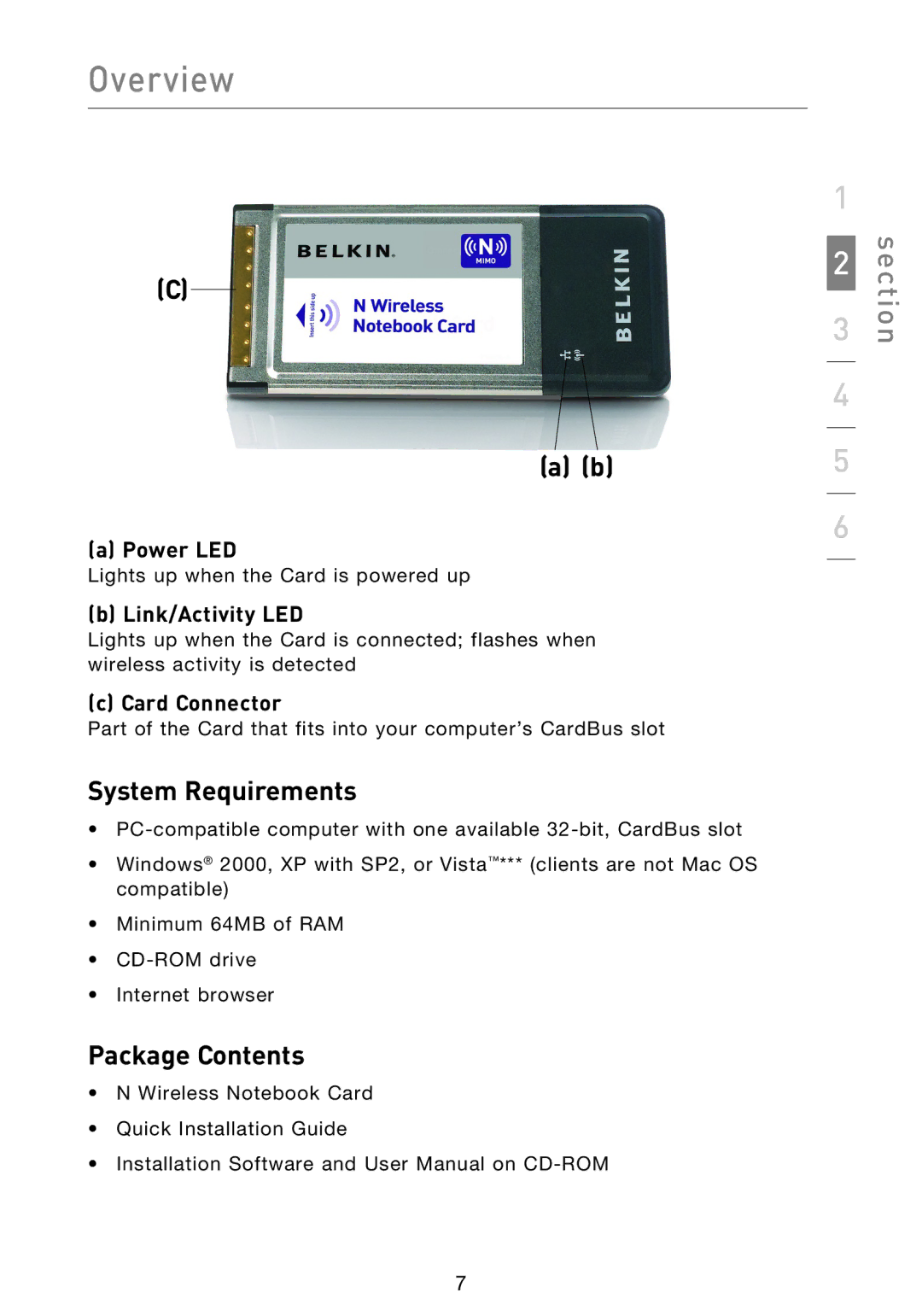 Belkin F5D8013EA user manual System Requirements, Package Contents, Power LED, Link/Activity LED, Card Connector 