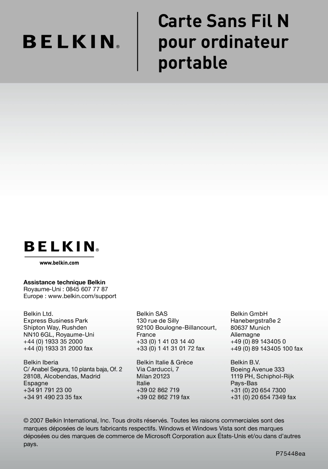 Belkin F5D8013EA user manual Assistance technique Belkin 