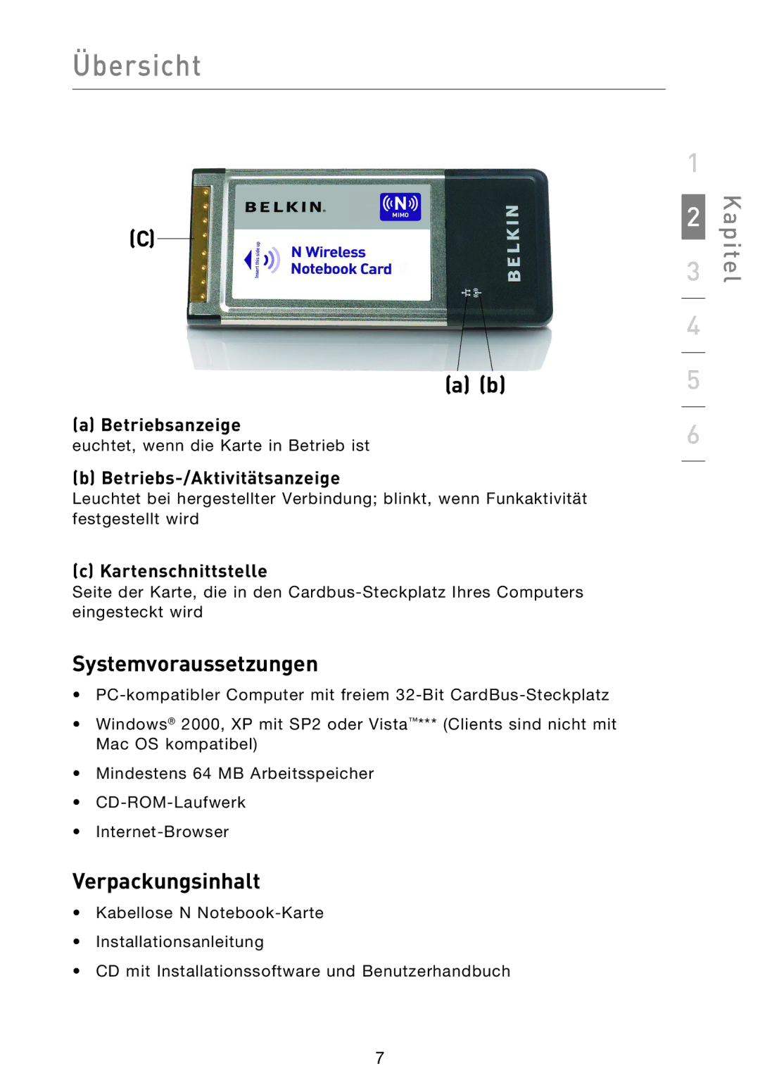 Belkin F5D8013EA user manual Systemvoraussetzungen, Verpackungsinhalt, Betriebsanzeige, Betriebs-/Aktivitätsanzeige 