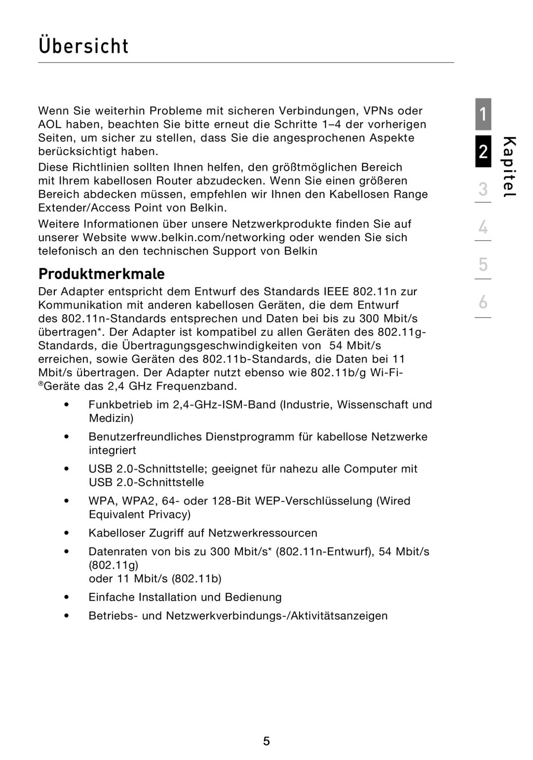 Belkin F5D8053EA user manual Übersicht, Produktmerkmale 