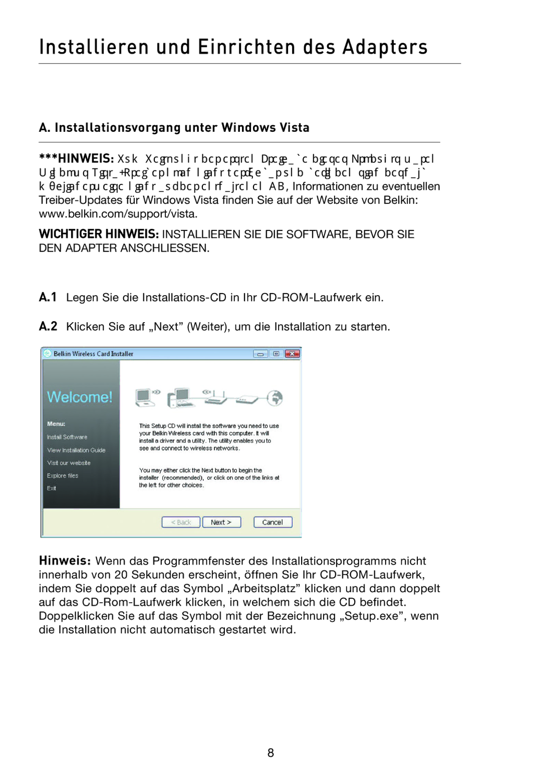 Belkin F5D8053EA user manual Installieren und Einrichten des Adapters, Installationsvorgang unter Windows Vista 