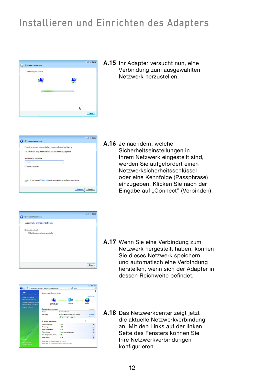 Belkin F5D8053EA user manual Installieren und Einrichten des Adapters 