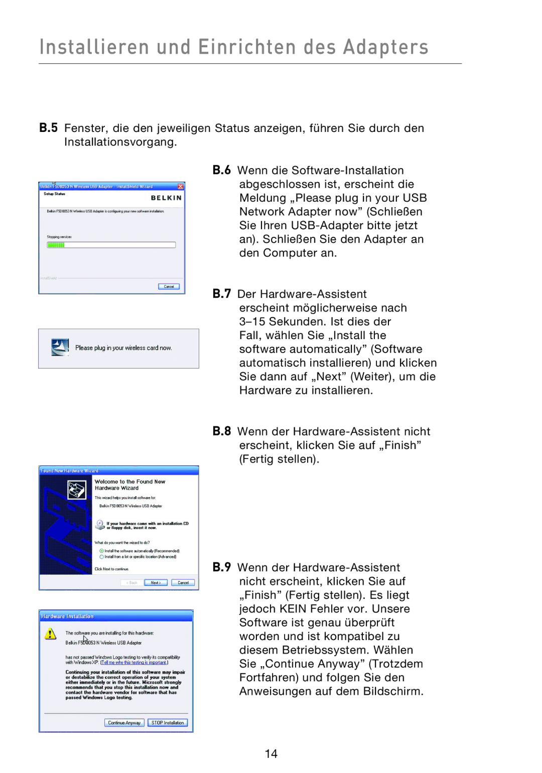 Belkin F5D8053EA user manual Installieren und Einrichten des Adapters 