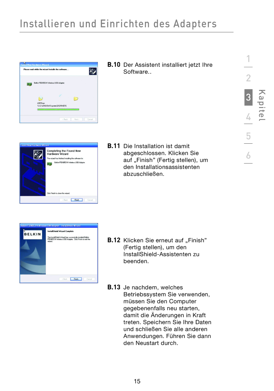 Belkin F5D8053EA user manual Installieren und Einrichten des Adapters 