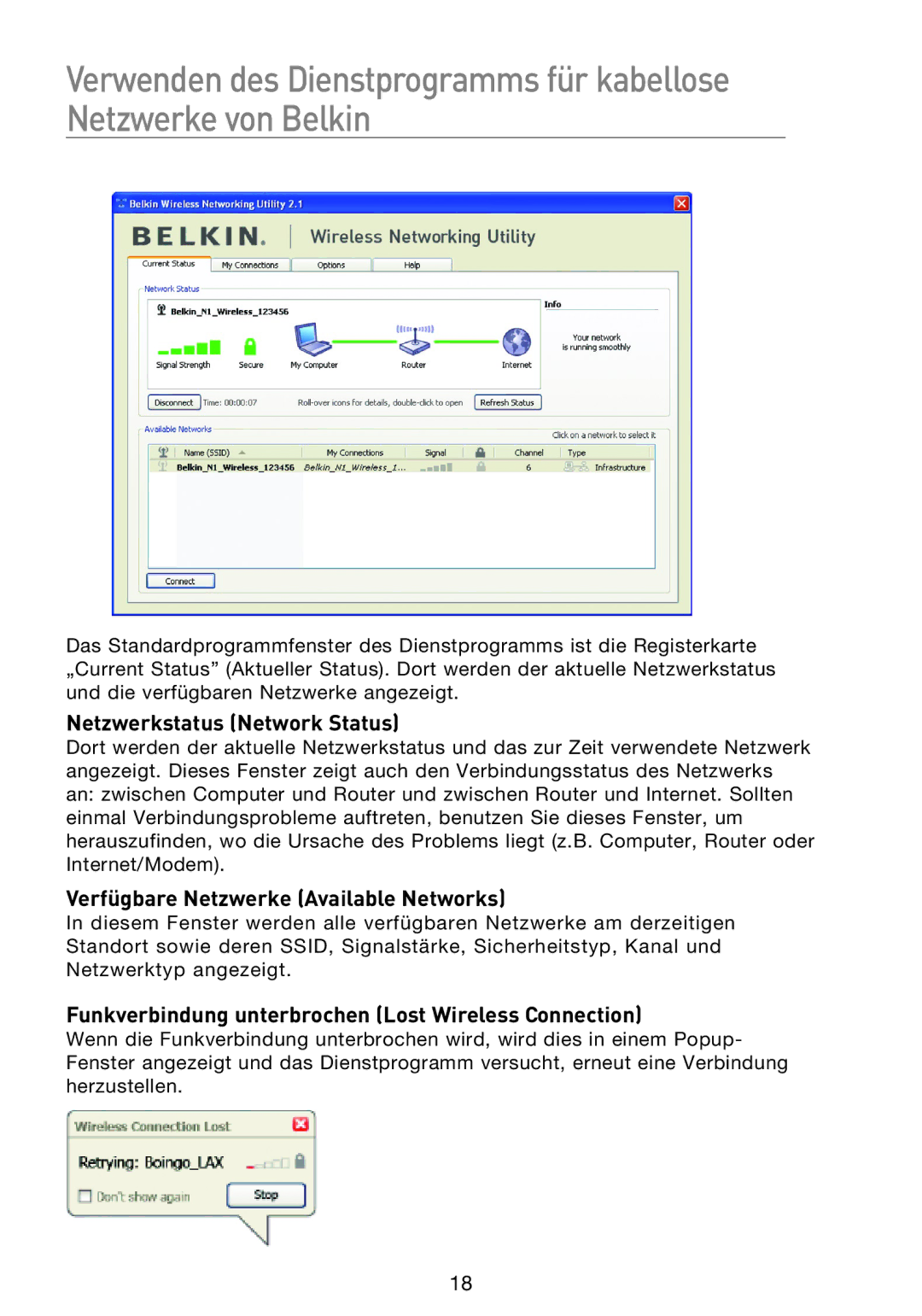 Belkin F5D8053EA user manual Netzwerkstatus Network Status, Verfügbare Netzwerke Available Networks 