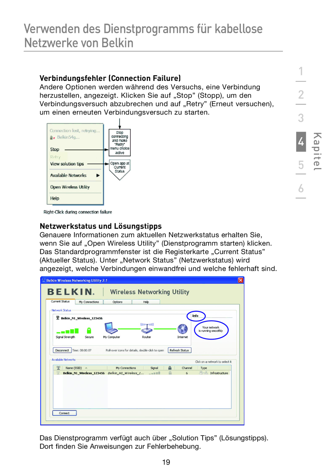 Belkin F5D8053EA user manual Verbindungsfehler Connection Failure, Netzwerkstatus und Lösungstipps 