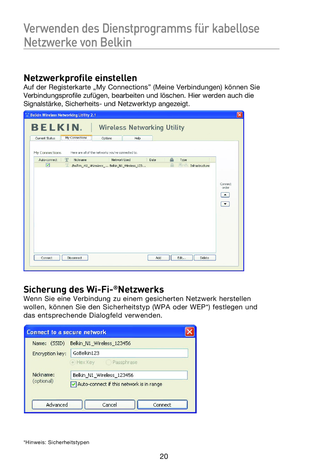 Belkin F5D8053EA user manual Netzwerkprofile einstellen, Sicherung des Wi-Fi-Netzwerks 