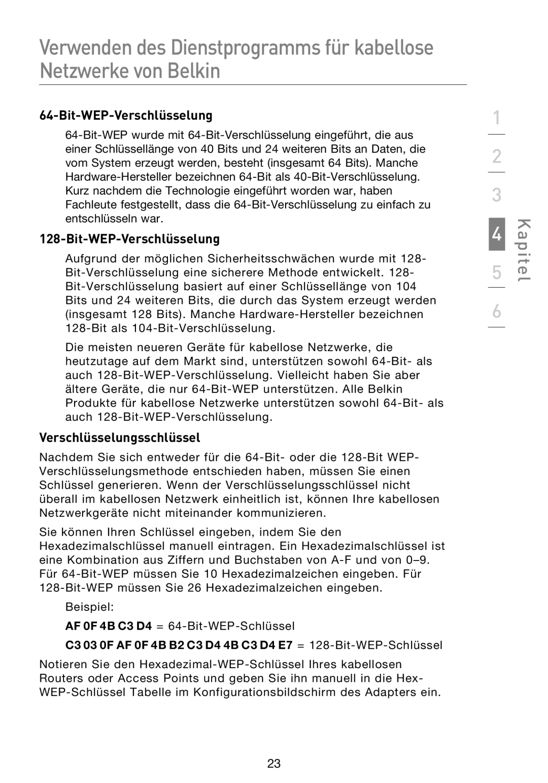 Belkin F5D8053EA user manual Bit-WEP-Verschlüsselung, Verschlüsselungsschlüssel 