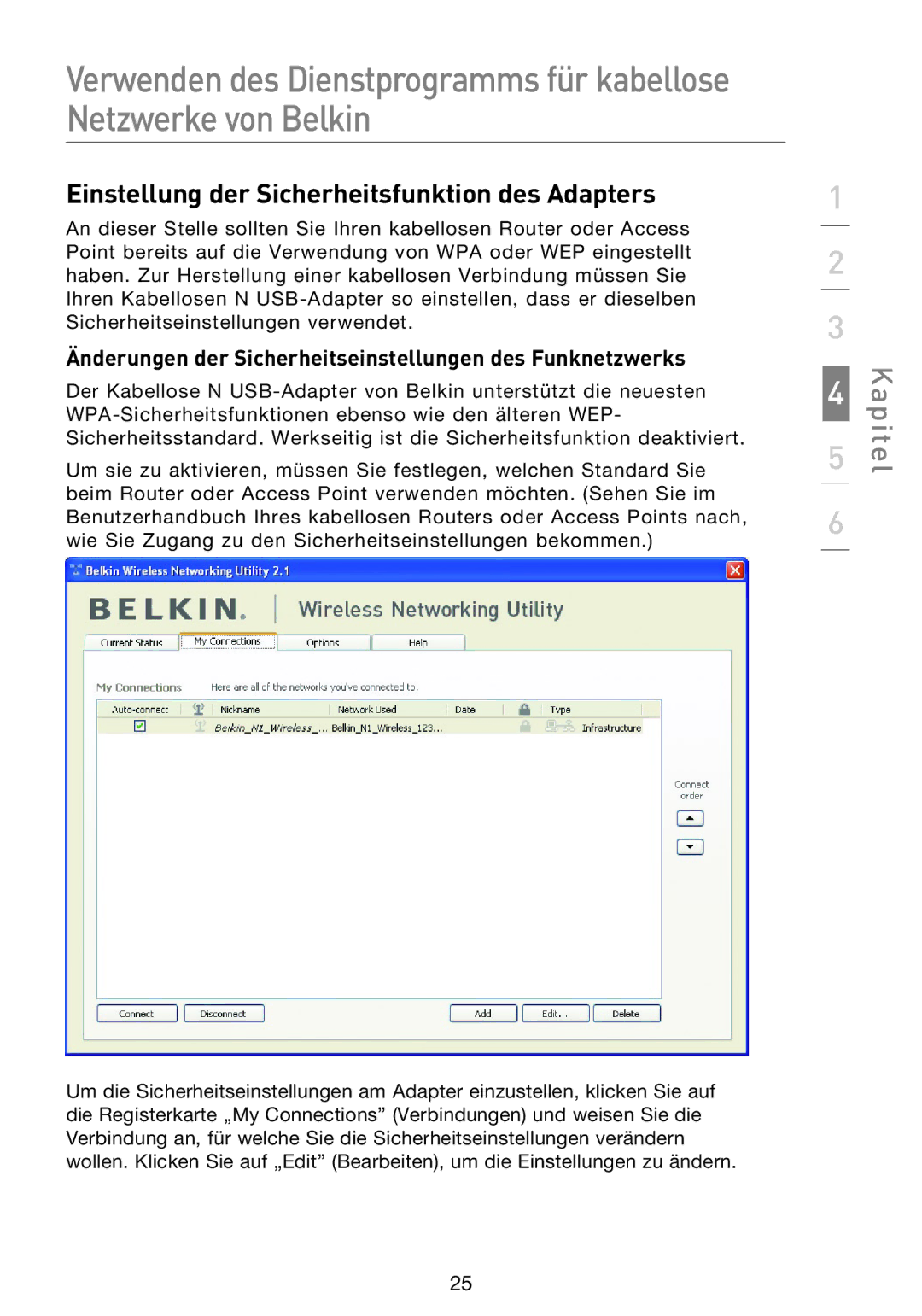 Belkin F5D8053EA user manual Einstellung der Sicherheitsfunktion des Adapters 