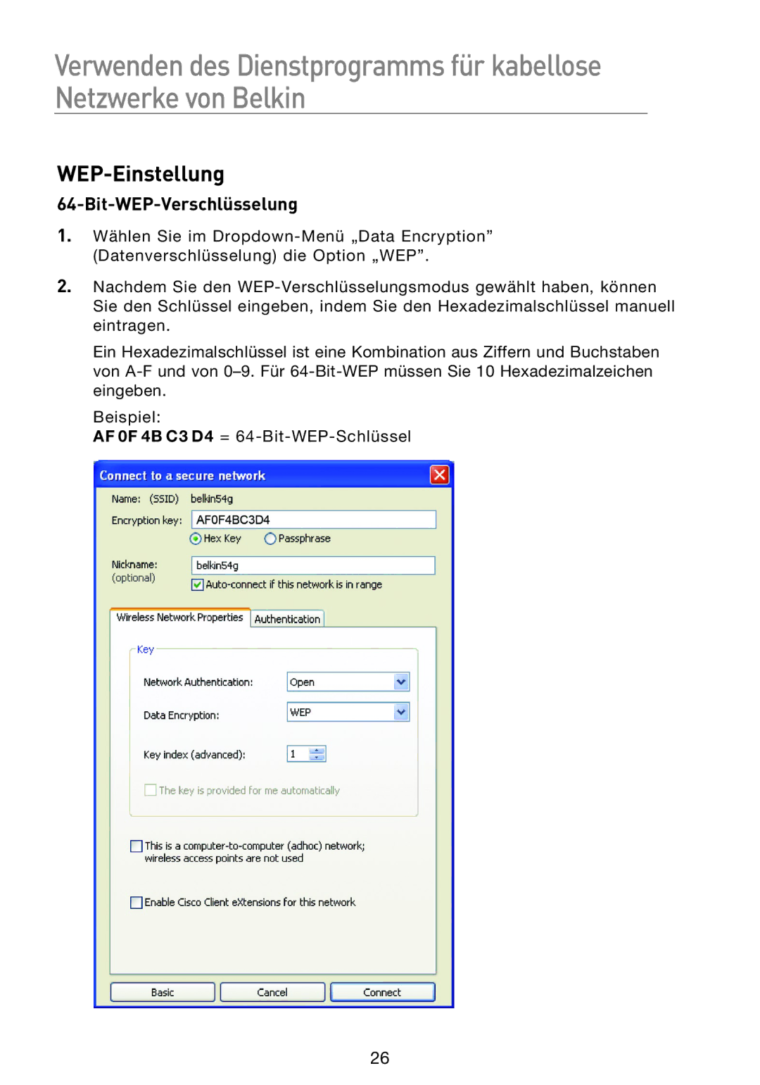 Belkin F5D8053EA user manual WEP-Einstellung, Bit-WEP-Verschlüsselung 