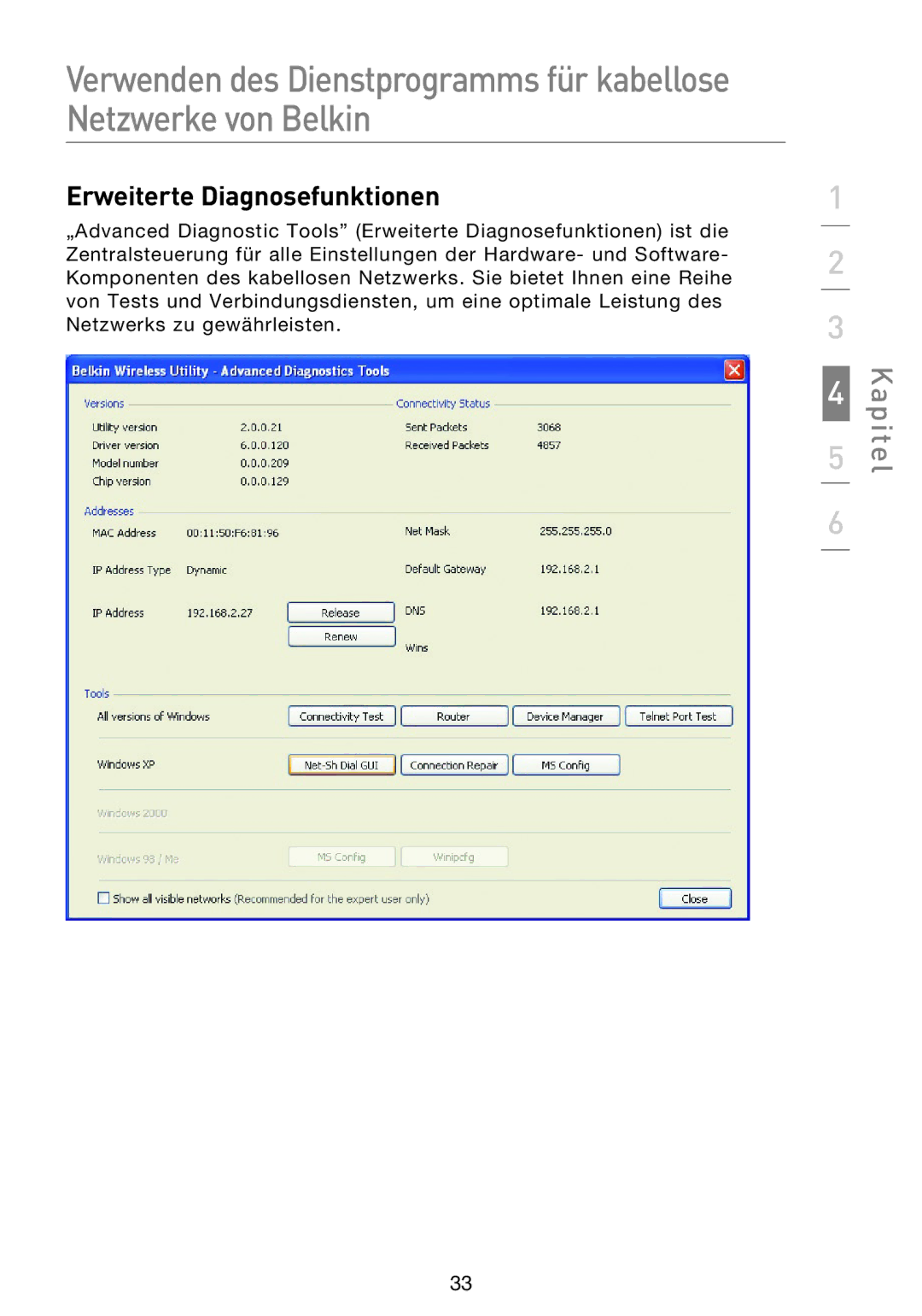 Belkin F5D8053EA user manual Erweiterte Diagnosefunktionen 