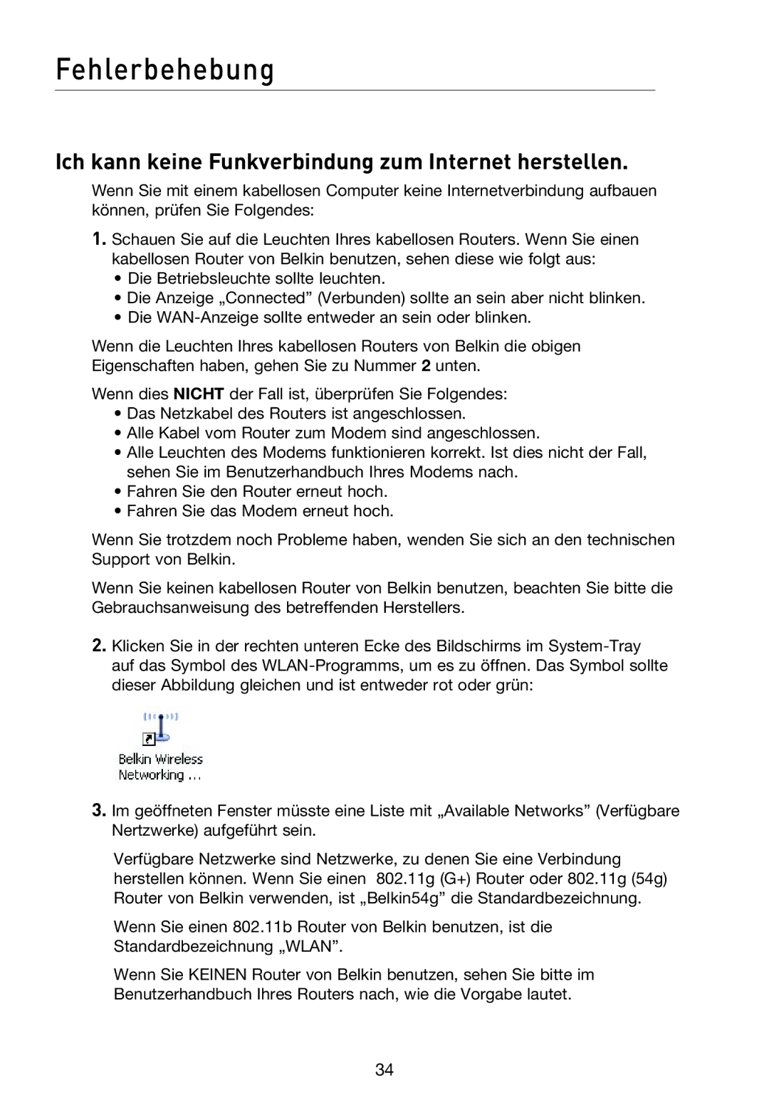 Belkin F5D8053EA user manual Fehlerbehebung, Ich kann keine Funkverbindung zum Internet herstellen 