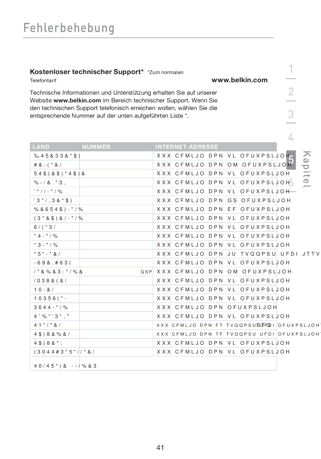 Belkin F5D8053EA user manual Kostenloser technischer Support* *Zum normalen, Land Nummer INTERNET-ADRESSE 