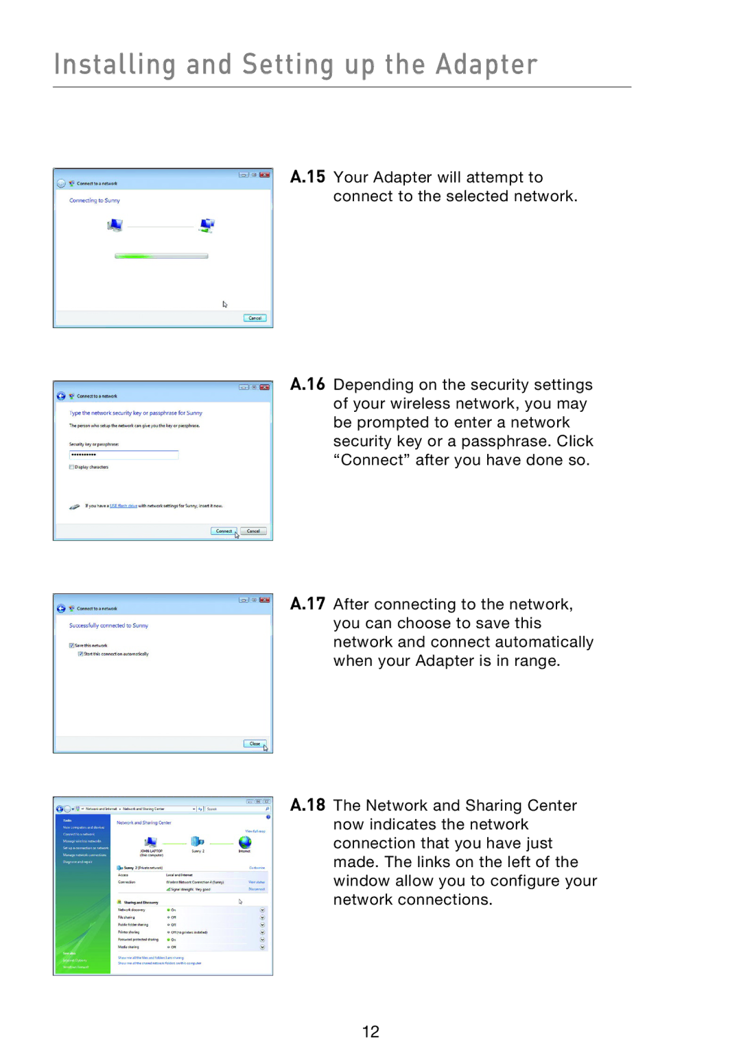 Belkin F5D8053EA user manual Installing and Setting up the Adapter 