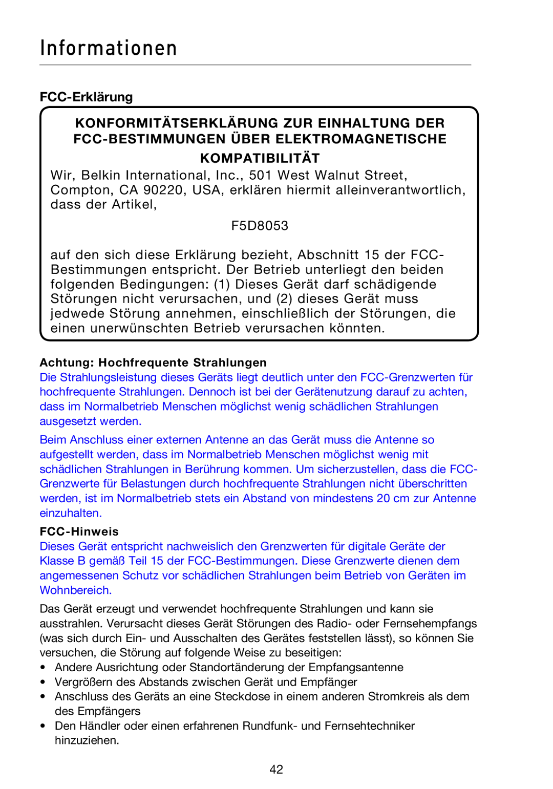 Belkin F5D8053EA user manual Informationen, FCC-Erklärung, Achtung Hochfrequente Strahlungen, FCC-Hinweis 