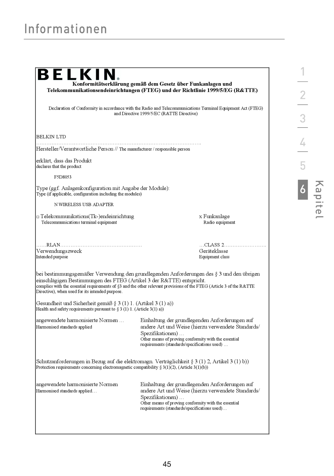 Belkin F5D8053EA user manual Type ggf. Anlagenkonfiguration mit Angabe der Module 