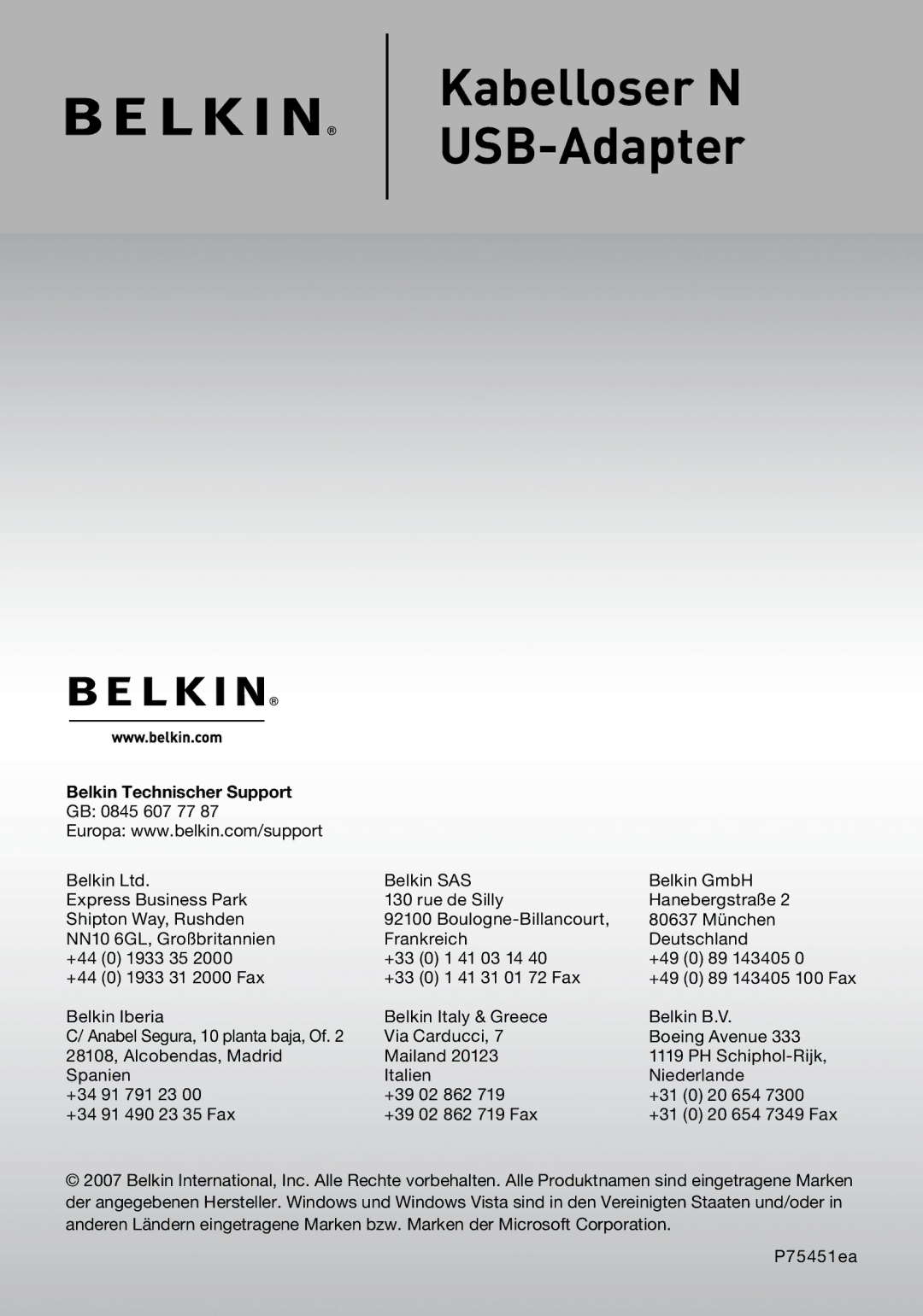 Belkin F5D8053EA user manual Belkin Technischer Support 